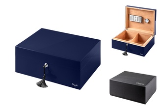 Caseti humidor Paris, dark blue high gloss lacquered, 36,8x 27,7x 13,6cm lockable