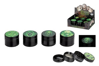 Super Heroes Grinder 4tlg. Skulls Metall schwarz/grün leuchtet im Dunkeln , Ø 4cm, H. 3,7cm