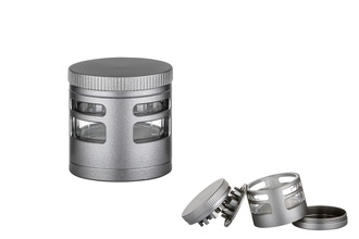 Grinder 4 parts, metal grey, Ø4,5 cm, H.5 cm with window