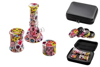 Dreamliner Set: Mini Glasbong, Ø 4cm, H. 15cm+Grinder+Storage Skull bunt