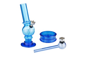 Super Heroes Set: Acrylbong H. 15cm Ø1,8cm+Grinder 3tlg.+Glaspfeife Set blau