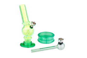 Super Heroes Set: Acrylbong, Ø1,8cm H.15cm+Grinder 3tlg.+Glaspfeife neongrün