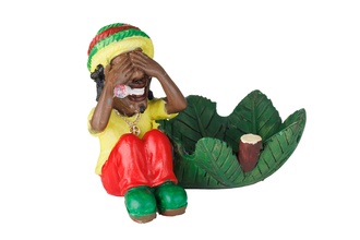 Aschenbecher, Polyresin Rasta sitzend mit Hanfblatt, 12x9x 10cm