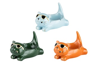 Ashtray set of 3, ceramic orange/blue/green cat, 18x 10.5x 9cm