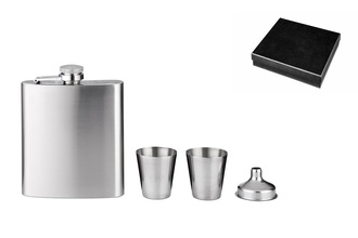 Angelo hip flask, brushed chrome metal, 7oz with 2 cups