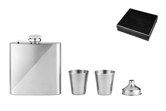 Angelo hip flask, metal chrome motif, 6oz with 2 cups