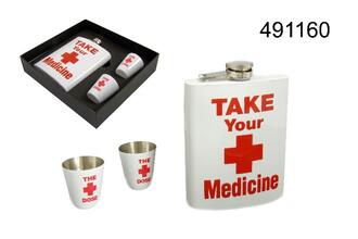 Angelo hip flask gift box, metal white medicine, 6oz with 2 cups