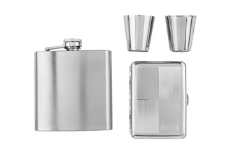 Angelo hip flask set, metal chrome, 6oz with cigarette case and 2 cups