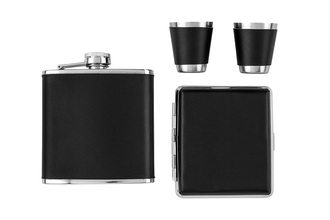 Angelo hip flask set, metal/ imitation leather black, 6oz with cigarette case and 2 cups