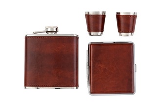 Angelo hip flask set, metal/ leather brown 6oz. with cigarette case and 2 cups