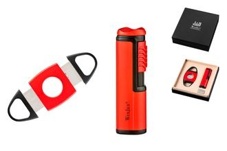 Cigar set lighter Jet and cutter, red