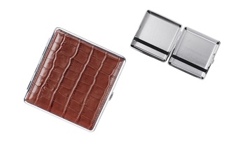 Angelo cigarette case 20pcs, 85mm leather crocodile look brown, rubber