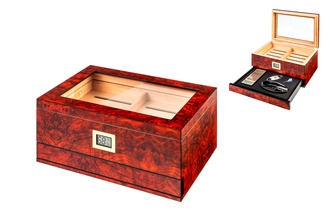 Angelo Humidor rotbraun mit Maserung, 34,5x24x15,5 cm+Metall-Cutter+Keramik-Aschenbecher