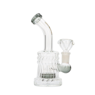 Super Heroes Glasbong geriffelt transparent mit grau, H. 15,5cm, Ø 2cm Chillum 14,5er Schliff