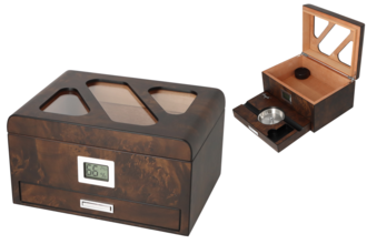 Angelo humidor root-wood look with viewing window and drawer, 27x 19.6x 14.5cm