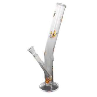 Super Heroes glass bong curved, transparent/hemp leaf coloured, h.33cm, Ø3cm, glass chillum 14 cut