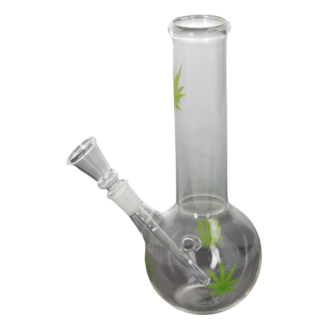 Super Heroes glass bong ball, transparent/hemp leaf green, h.23cm, Ø4cm, glass chillum 14 cut