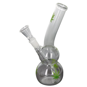 Super Heroes glass bong ball curved, transp./hemp leaf green, h.22cm, Ø2,8cm, glass chillum 14 cut